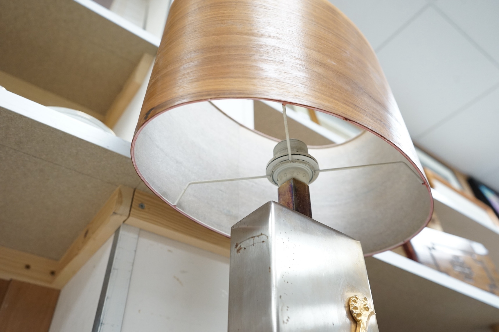 A mid century Maison Charles gilt brass overlaid ‘cockerel’ table lamp with shade, 58cm total height. Condition - fair, shade split, not tested